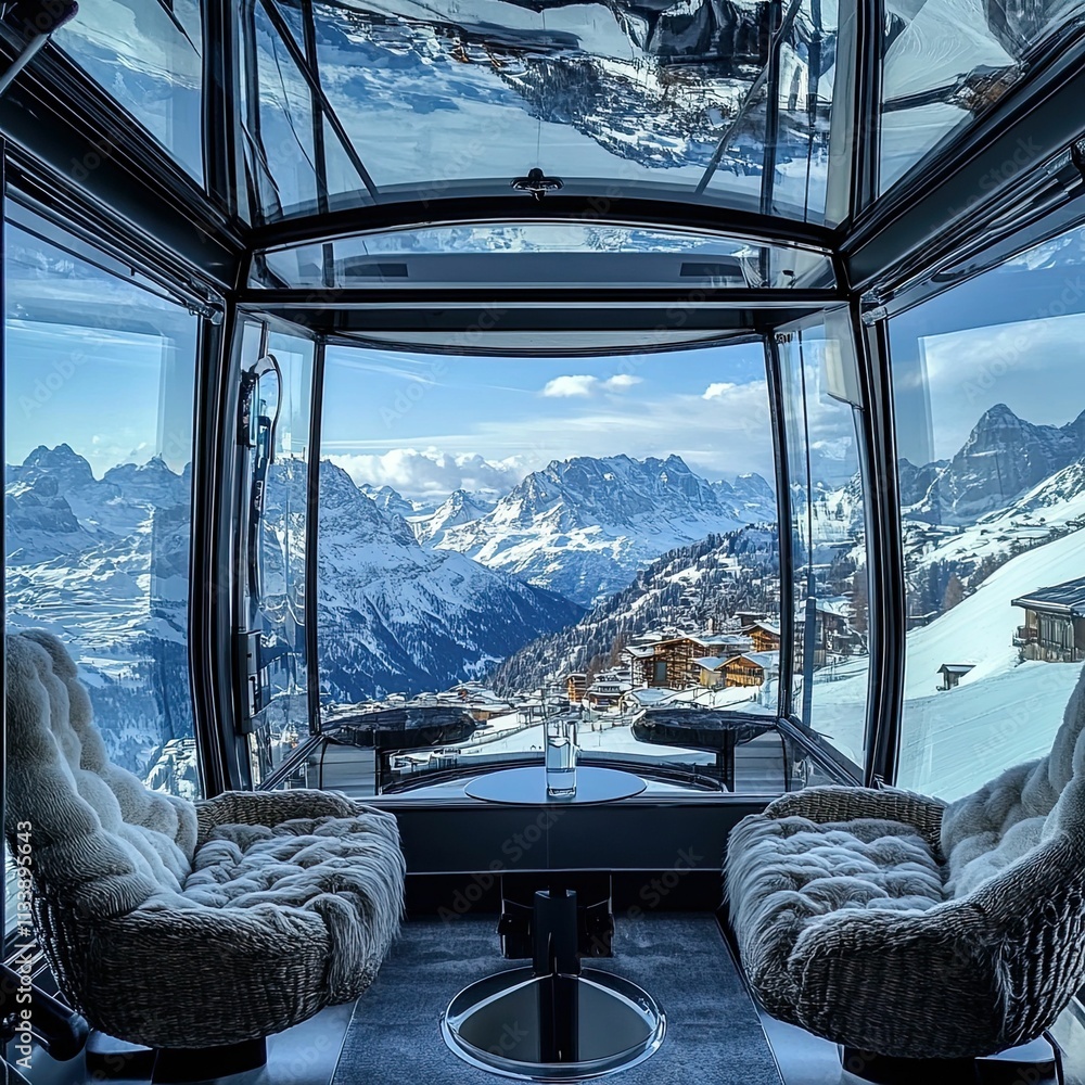 Obraz premium Mountain vista seen from glass cabin with plush seating.