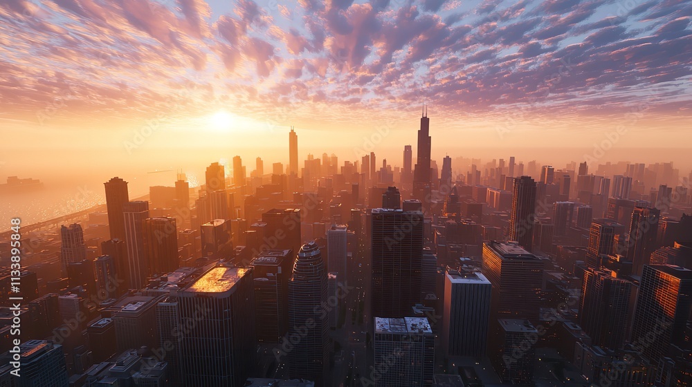 Fototapeta premium Chicago Cityscape at Sunrise (16K Resolution Ultra Photorealistic)