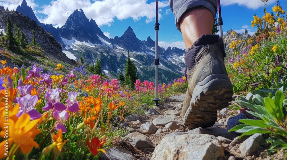 A close-up of hiking boots stepping on a rugged mountain trail, accompanied by trekking poles, with colorful wildflowers framing the path and towering peaks in the background A close-up of hiking boots stepping on a rugged mountain trail, accompanied by trekking poles, with colorful wildflowers framing the path and towering peaks in the background