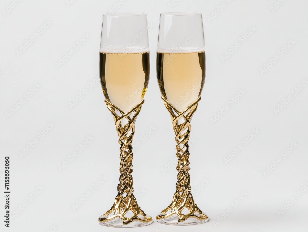 A close-up of two champagne flutes, filled with golden champagne, set against a pure white background, emphasizing elegance and clarity A close-up of two champagne flutes, filled with golden champagne, set against a pure white background, emphasizing elegance and clarity