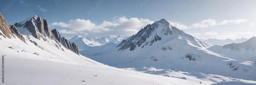 Wide-angle view of a snow-covered mountain range with a vast expanse of untouched white snow, winter scenery, frozen peaks Wide-angle view of a snow-covered mountain range with a vast expanse of untouched white snow, winter scenery, frozen peaks