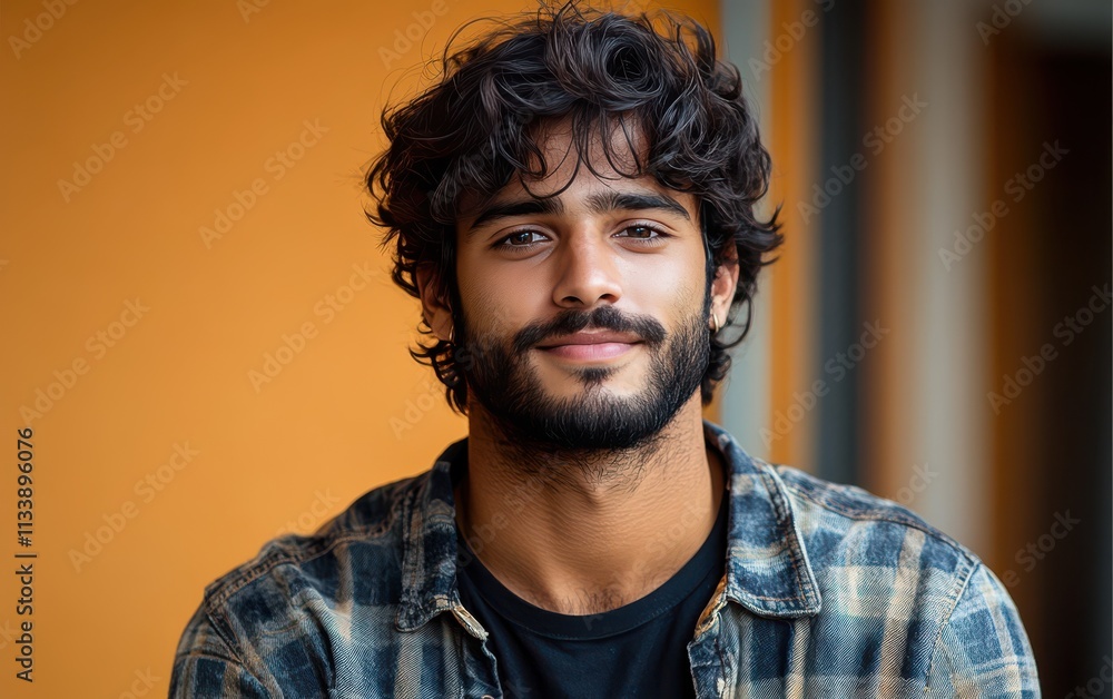man with casual t-shirt is smiling at the camera, blurred room background man with casual t-shirt is smiling at the camera, blurred room background