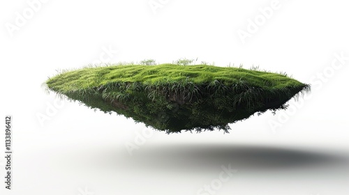 arafed grass covered island floating in the air with a white background photo