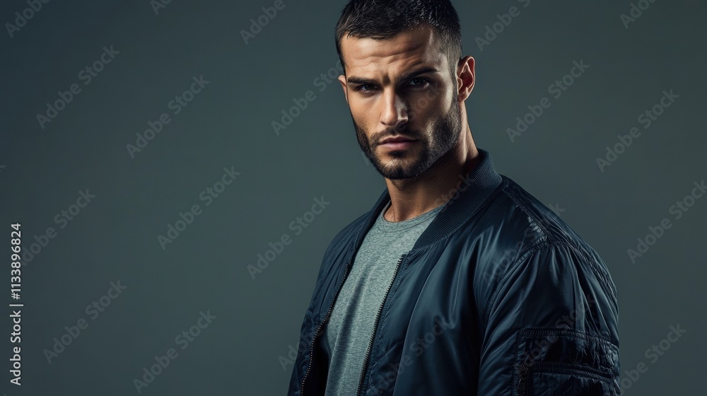 Fototapeta premium A contemporary shot of a handsome man in a bomber jacket, with a serious expression and a monochromatic gray background