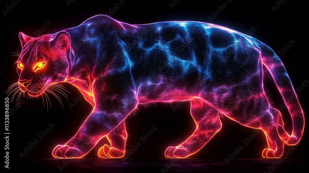Neon Panther Prowling Forward with Glowing Purple and Blue Body on Black Background