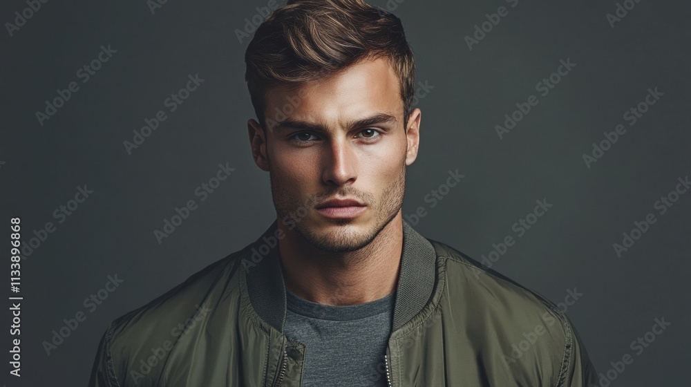 Fototapeta premium A contemporary shot of a handsome man in a bomber jacket, with a serious expression and a monochromatic gray background