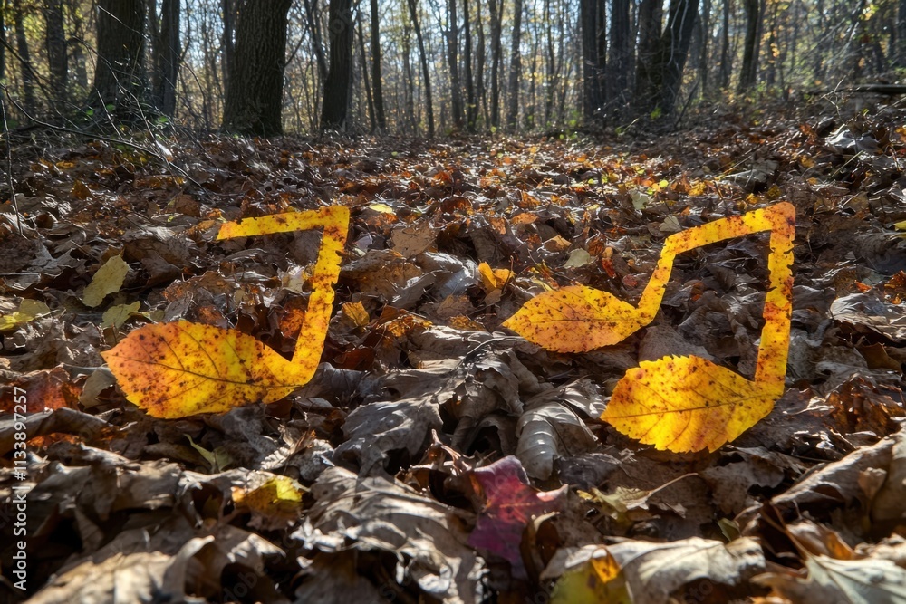 Obraz premium Musical notes created from autumn leaves on forest floor, dappled sunlight through trees, crisp leaf detail, with copy space