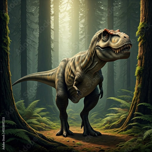 Tyrannosaurus rex with prehistoric landscape. High quality image. Ai generated.