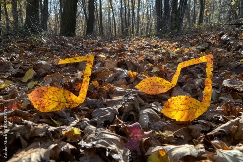 Musical notes created from autumn leaves on forest floor, dappled sunlight through trees, crisp leaf detail, with copy space photo