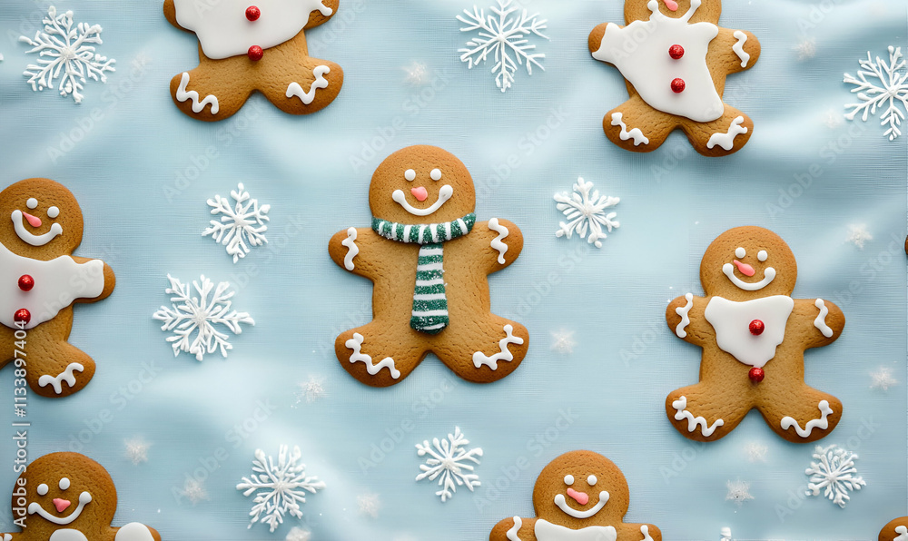 Festively decorated gingerbread cookies arranged on a light blue surface with snowflakes. Festively decorated gingerbread cookies arranged on a light blue surface with snowflakes.