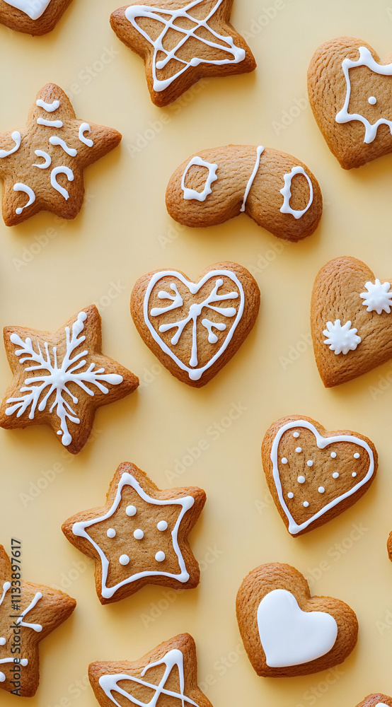 A variety of decorated gingerbread cookies in festive shapes and designs on a light background. A variety of decorated gingerbread cookies in festive shapes and designs on a light background.