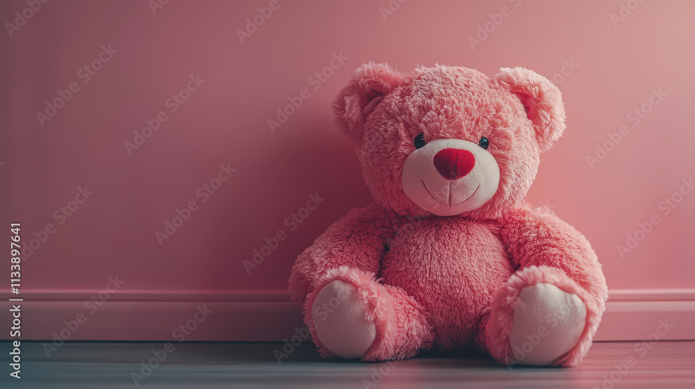 Valentines Day Concept with Soft Toy Pink Teddy Bear on Pink Wall, Perfect for Romantic Gifts, Love Themes, and Celebratory Decor in a Warm, Inviting Atmosphere Valentines Day Concept with Soft Toy Pink Teddy Bear on Pink Wall, Perfect for Romantic Gifts, Love Themes, and Celebratory Decor in a Warm, Inviting Atmosphere