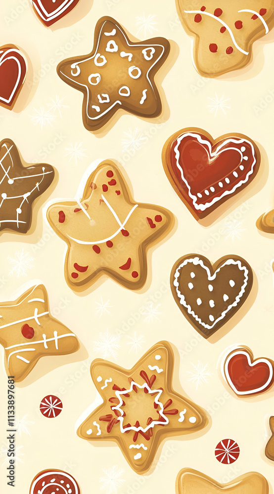 A festive pattern featuring decorated gingerbread cookies in star and heart shapes. A festive pattern featuring decorated gingerbread cookies in star and heart shapes.