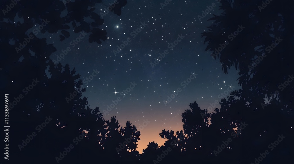Naklejka premium Starry Night Sky Framed by Silhouetted Trees