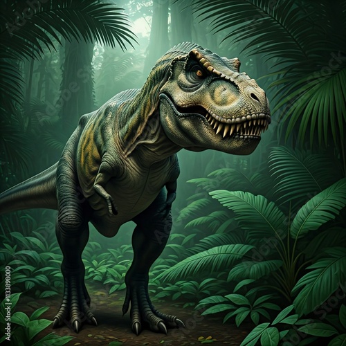 Tyrannosaurus rex with prehistoric landscape. High quality image. Ai generated.