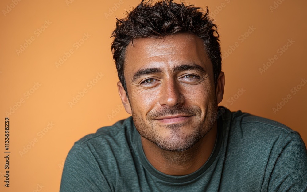man with casual t-shirt is smiling at the camera, solid color background man with casual t-shirt is smiling at the camera, solid color background