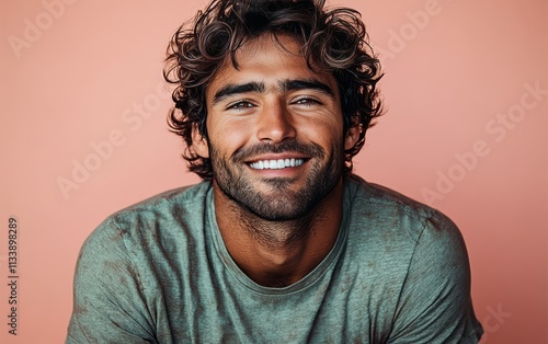 man with casual t-shirt is smiling at the camera, solid color background