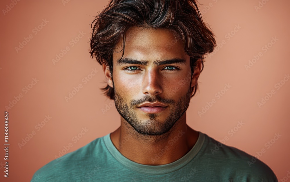 man with casual t-shirt is smiling at the camera, solid color background
