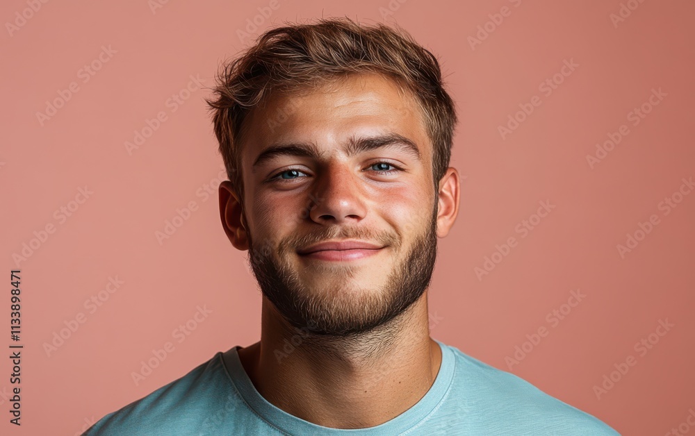 Fototapeta premium man with casual t-shirt is smiling at the camera, solid color background