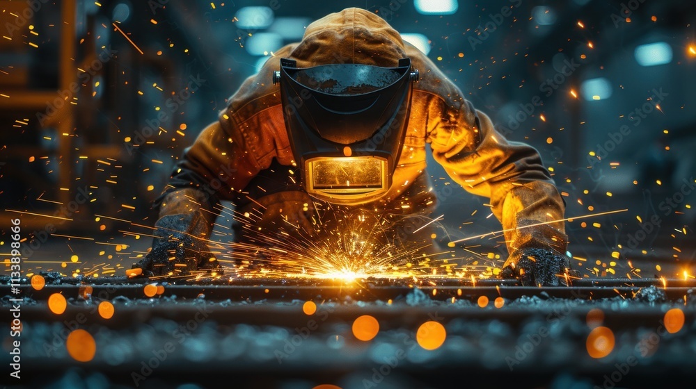 Welder in protective gear sparks fly during metalwork. Welder in protective gear sparks fly during metalwork.