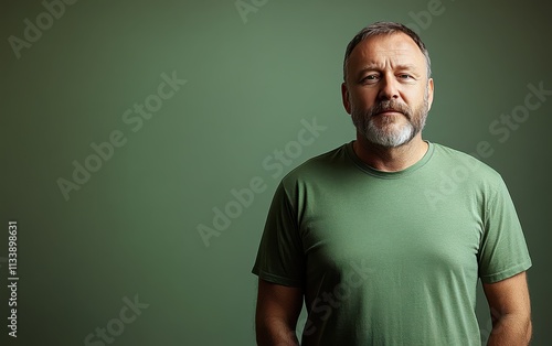 man with casual t-shirt is smiling at the camera, solid color background