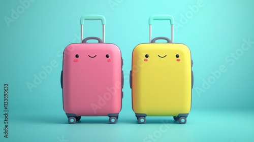 Playful Colorful Luggage with Smiling Faces on a Bright Background