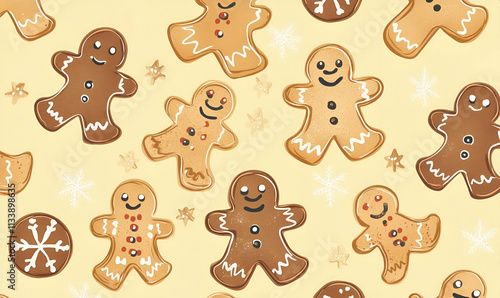 A festive pattern featuring gingerbread cookies with cheerful faces and decorations.