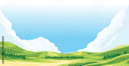 A serene landscape of rolling green hills and a vast blue sky dotted with fluffy white clouds.