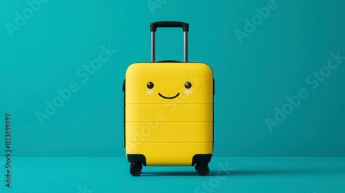 Bright Yellow Suitcase with a Smiley Face on a Turquoise Background