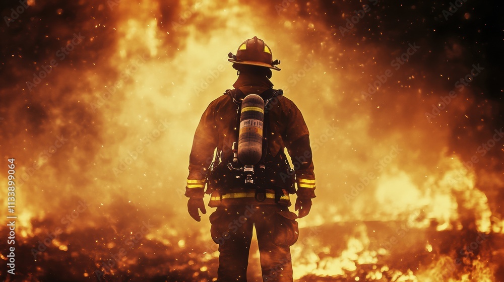 A firefighter standing triumphantly with flames and destruction in the background, symbolizing courage A firefighter standing triumphantly with flames and destruction in the background, symbolizing courage
