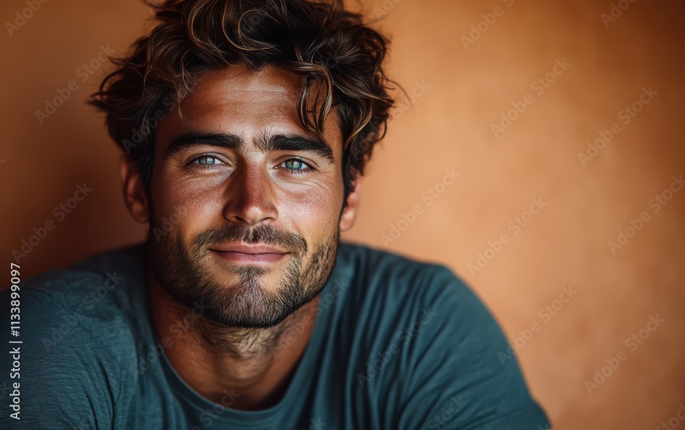 Fototapeta premium man with casual t-shirt is smiling at the camera, solid color background