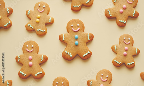 A colorful arrangement of gingerbread cookies with smiling faces and decorative icing.