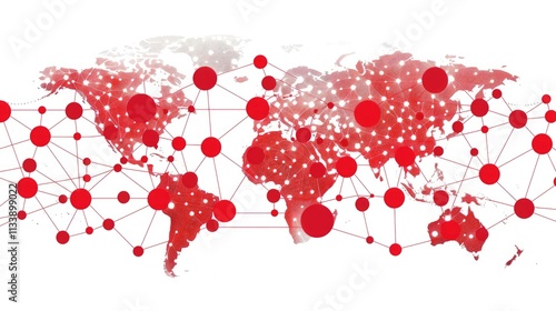 Create a digital illustration of a world map in a minimalist style with a white background. Place red radiating dots at various significant locations across photo