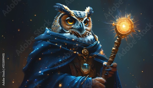 Magical owl wizard casting spells enchanted forest fantasy art mystical environment close-up view sorcery and nature themes photo