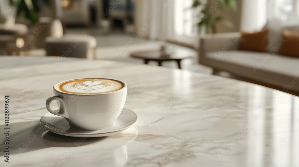 Fototapeta premium A freshly brewed cup of coffee on a marble table, with delicate latte art and a warm inviting atmosphere
