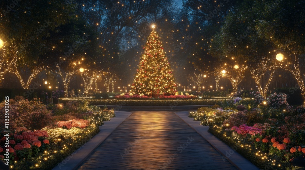 A Majestic Christmas Tree Illuminates A Festive Garden Pathway A Majestic Christmas Tree Illuminates A Festive Garden Pathway