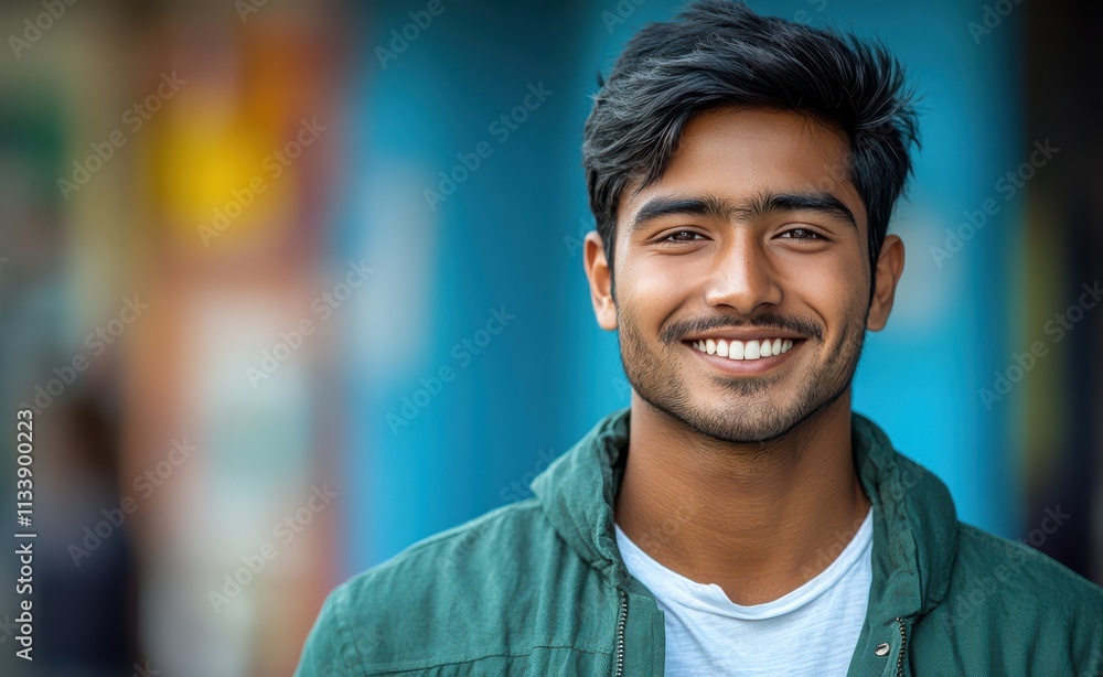 man with casual t-shirt is smiling at the camera, blurred room background man with casual t-shirt is smiling at the camera, blurred room background