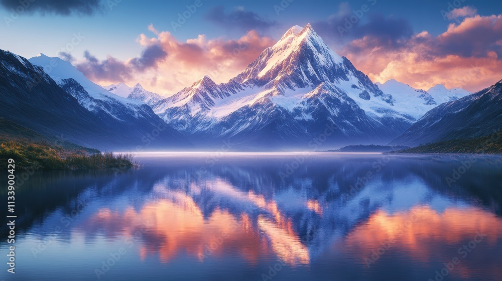 Fototapeta premium Serene sunset reflection over majestic mountain lake in new zealand nature landscape