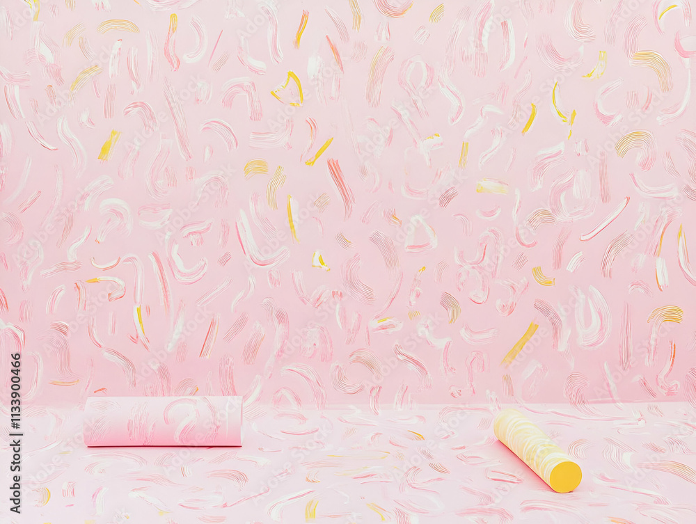 A playful pink background with abstract patterns and rolled paper props for creative use. A playful pink background with abstract patterns and rolled paper props for creative use.
