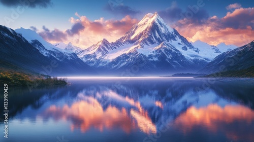 Serene sunset reflection over majestic mountain lake in new zealand nature landscape