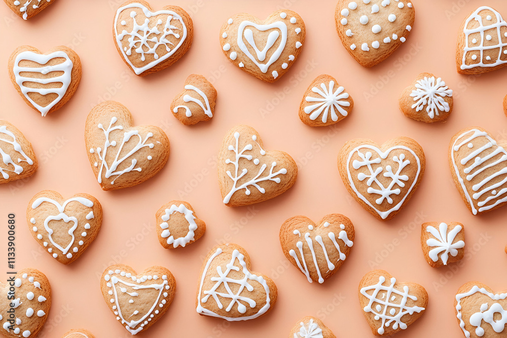 A variety of heart-shaped gingerbread cookies decorated with white icing on a pastel background. A variety of heart-shaped gingerbread cookies decorated with white icing on a pastel background.