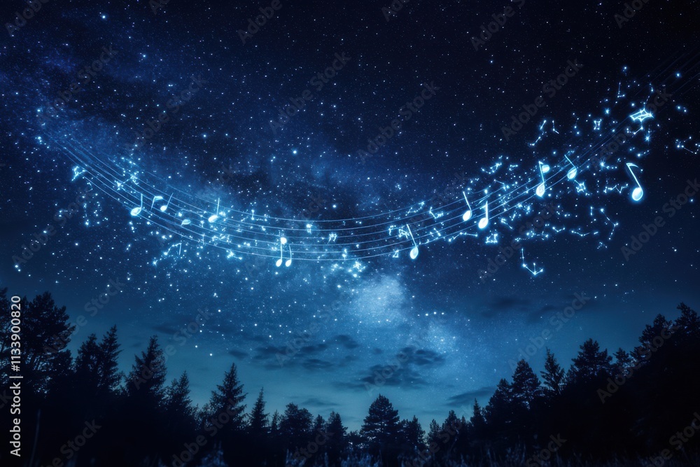 Musical notes formed by constellation stars in night sky, moonlit night, stellar detail, with copy space Musical notes formed by constellation stars in night sky, moonlit night, stellar detail, with copy space