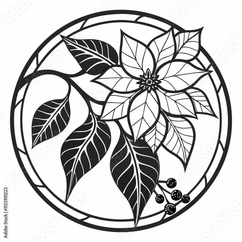 Stained Glass Christmas poinsettia flower round Black silhouette
