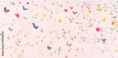 Wallpaper Mural A vibrant pattern of butterflies and flowers on a soft pink background. Torontodigital.ca