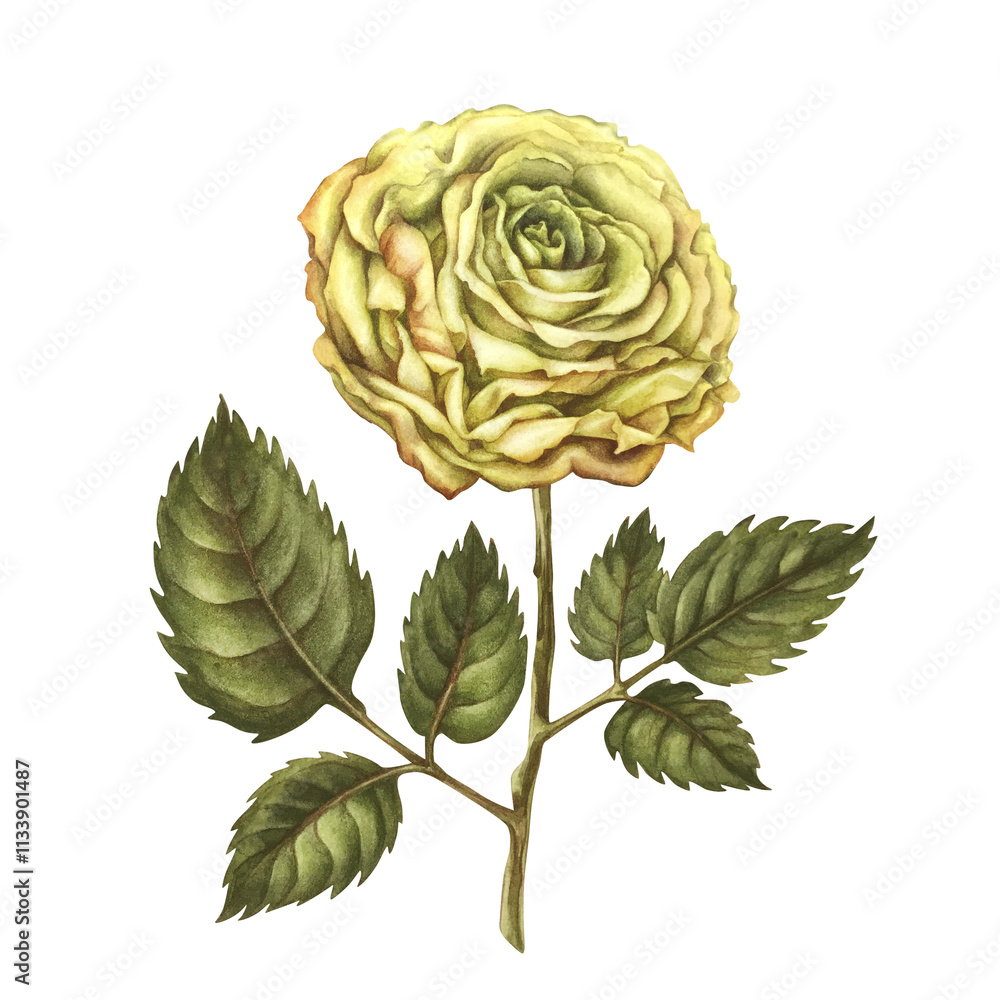 Obraz premium Beautiful yellow roses, buds, green leaves, flower stems isolated on white background. Watercolor illustration template for wedding, birthday, mother's day, gift, wallpaper, stickers, scrapbooking