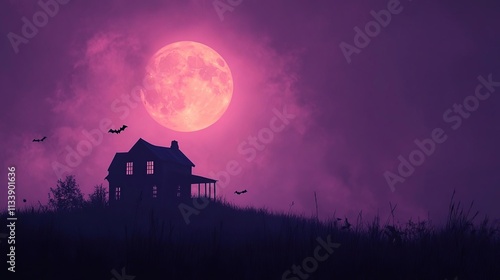 arafed house with bats flying in front of a full moon photo