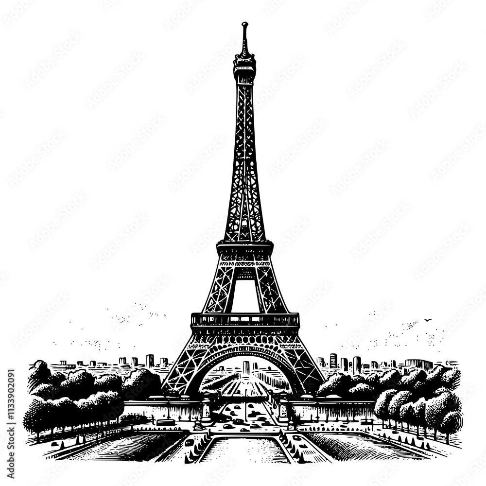 Obraz premium The Eiffel Tower is a tall structure in the center of a city. It is surrounded by trees and buildings, and there are cars and people walking around it. The image has a sense of grandeur and beauty