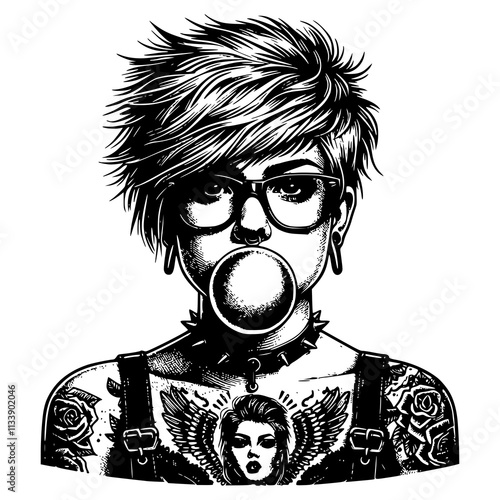 A woman with short hair and glasses is blowing bubbles. The bubbles are in the shape of a rose