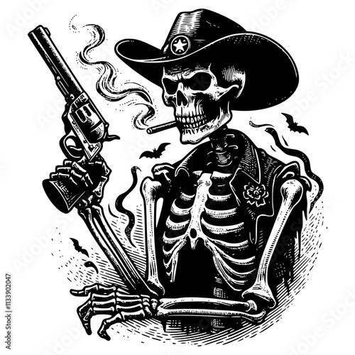 A skeleton dressed in a cowboy hat is holding a gun and smoking a cigarette. The skull has a gun in its hand and is smoking a cigarette. The image has a dark and eerie mood