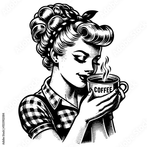 A woman is holding a coffee cup and smiling. The image is black and white and has a vintage feel to it